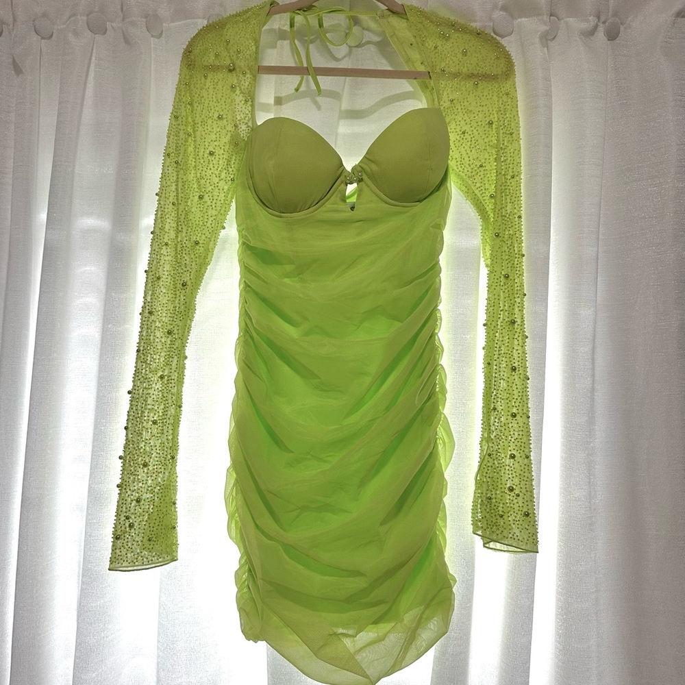 Oh Polly Embellished Long Sleeve Mini Dress in Lime US size 6 New without tags.
